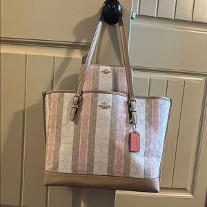 Coach Pink and Tan Striped Women's Tote Bag